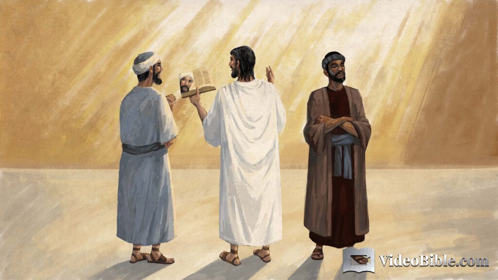 Jesus and a man with an illustrated bible