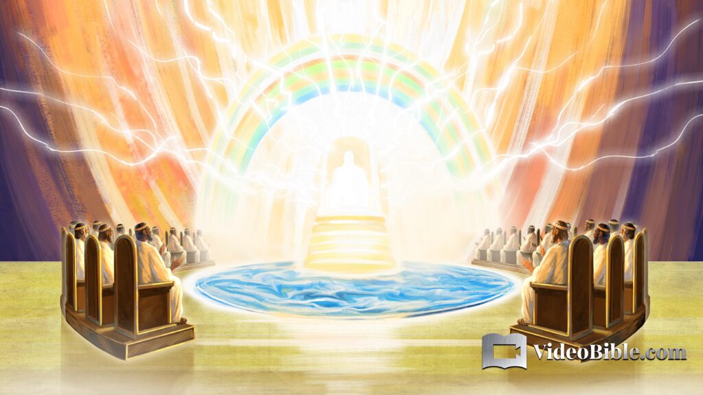 God the father on his throne with a rainbow and lightning bolts sea of glass 24 elders