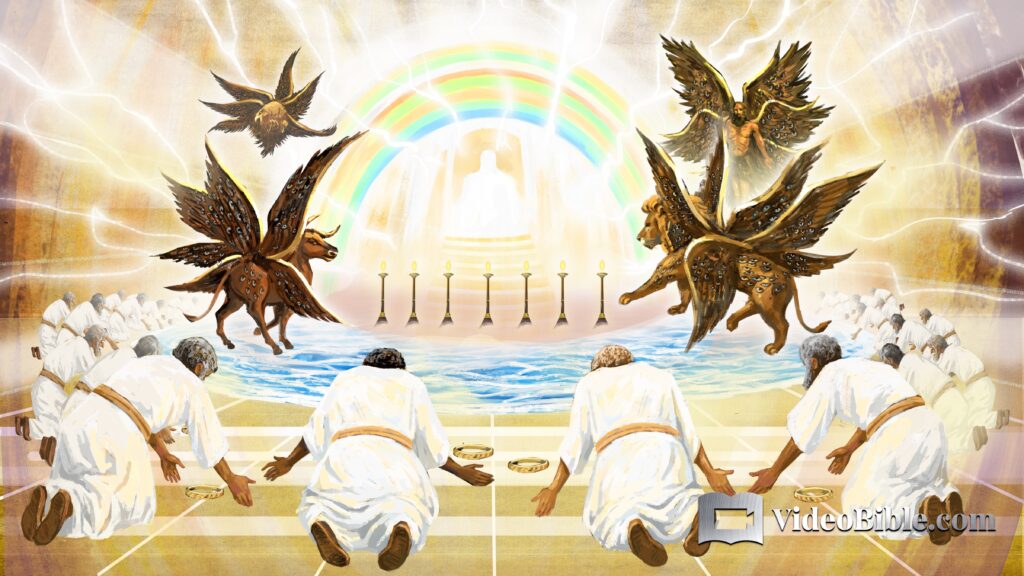 24 elders throwing crowns down and kneeling before God