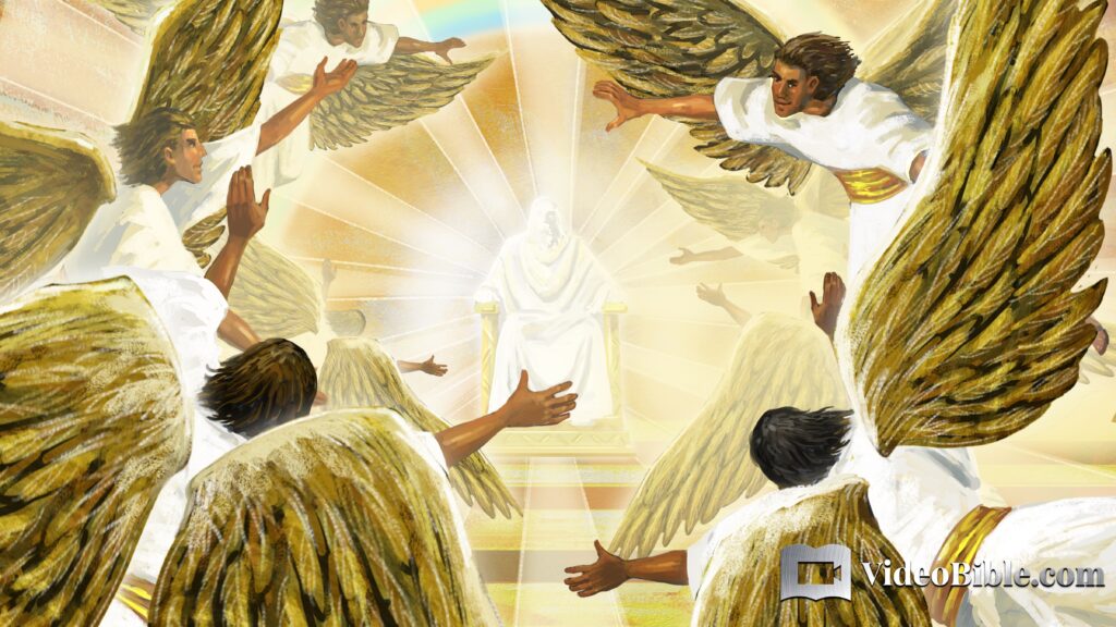 God the father on the throne covered by angels wings