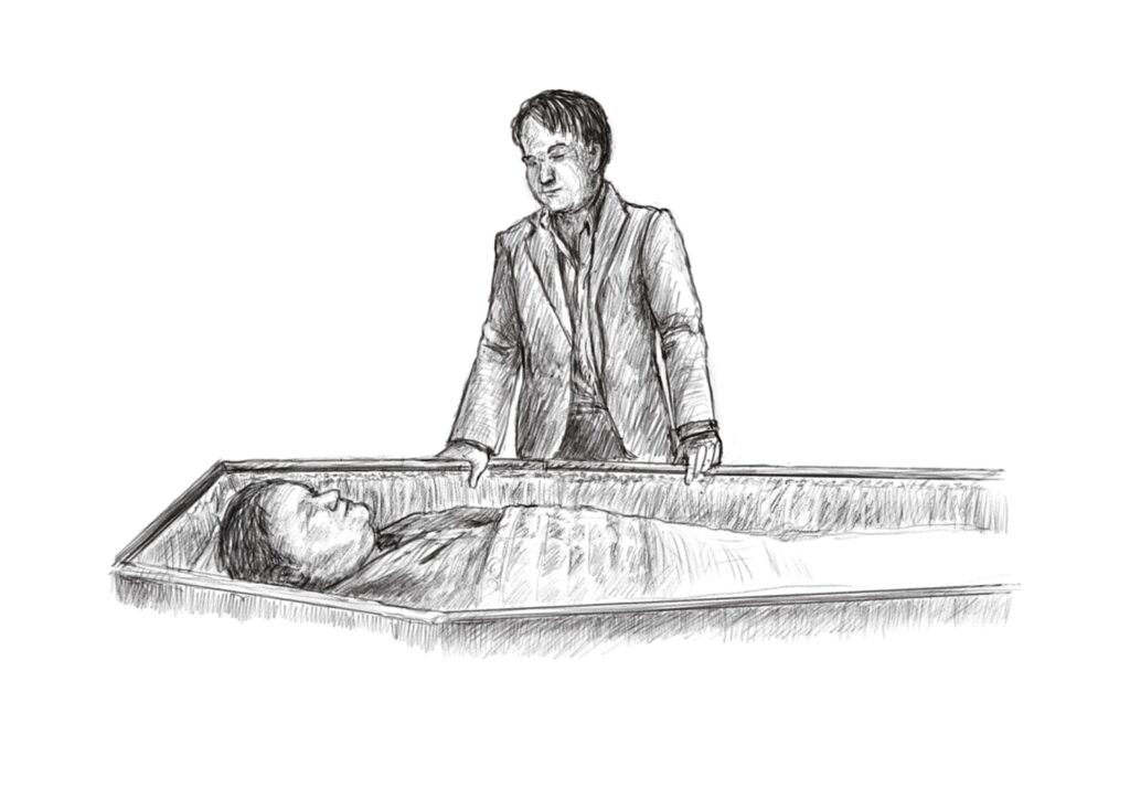Man looking over coffin this too shall pass